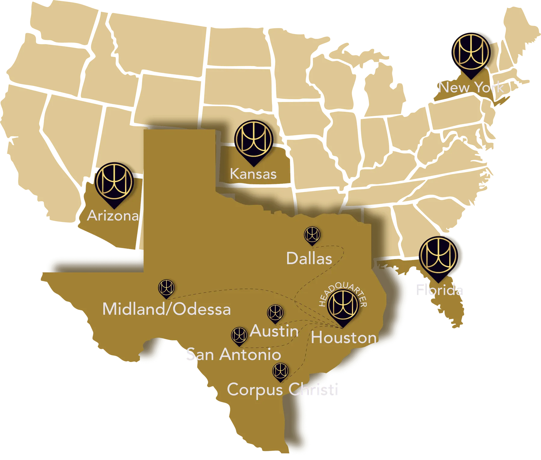 Map of the United States with Texas highlighted: our Houston headquarters and the cities we serve